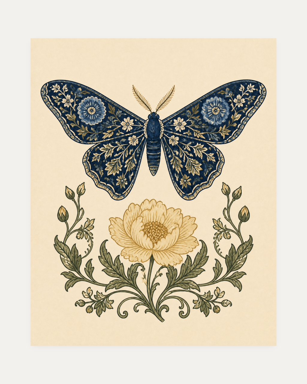 Butter Bloom, navy moth wall art, dark blue moth above yellow flower, cream leaf shapes, green scrolls