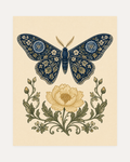 Butter Bloom, navy moth wall art, dark blue moth above yellow flower, cream leaf shapes, green scrolls