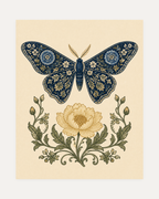 Butter Bloom, navy moth wall art, dark blue moth above yellow flower, cream leaf shapes, green scrolls