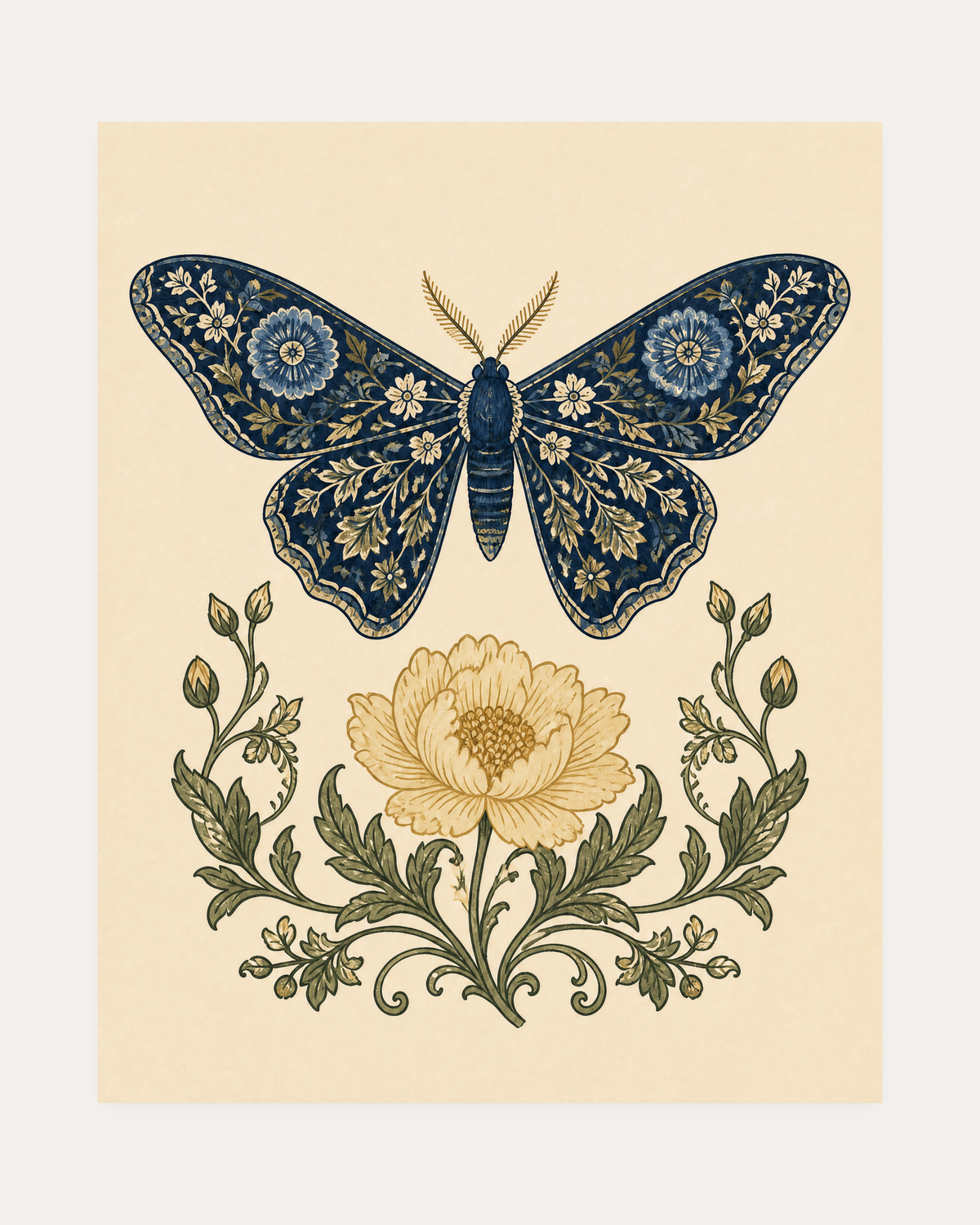 Butter Bloom, navy moth wall art, dark blue moth above yellow flower, cream leaf shapes, green scrolls