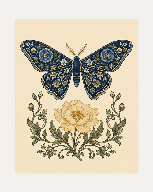 Butter Bloom, navy moth wall art, dark blue moth above yellow flower, cream leaf shapes, green scrolls