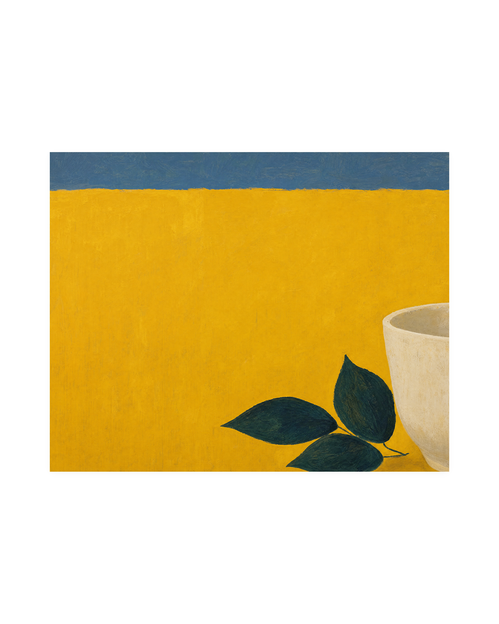 Mustard Leaf Pot Press edition unframed matte paper print showing a large mustard field with three small dark leaves and a cropped cream cup in the lower-right beneath a thin slate-blue strip