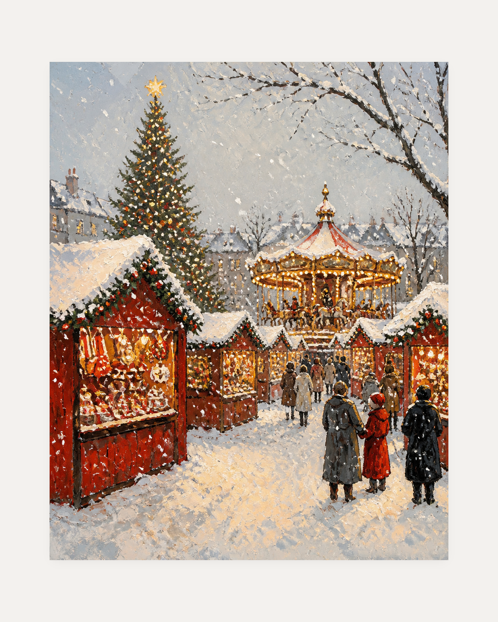 Carousel Hour unframed market carousel print showing a christmas market with a carousel