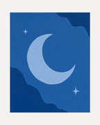 Blue Crescent unframed moon and stars print showing moon and stars in blue, light blue, and dark blue
