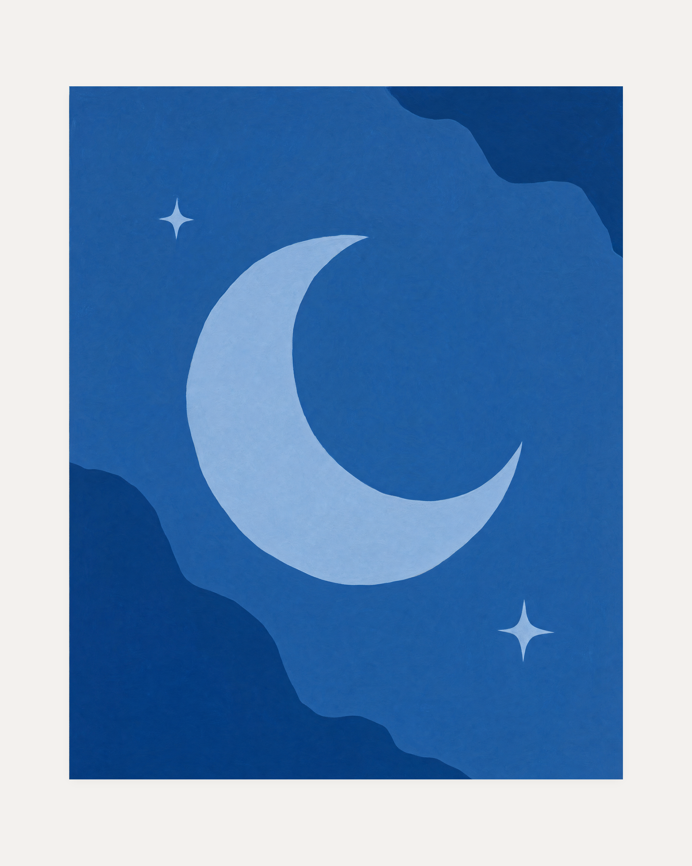Blue Crescent unframed moon and stars print showing moon and stars in blue, light blue, and dark blue