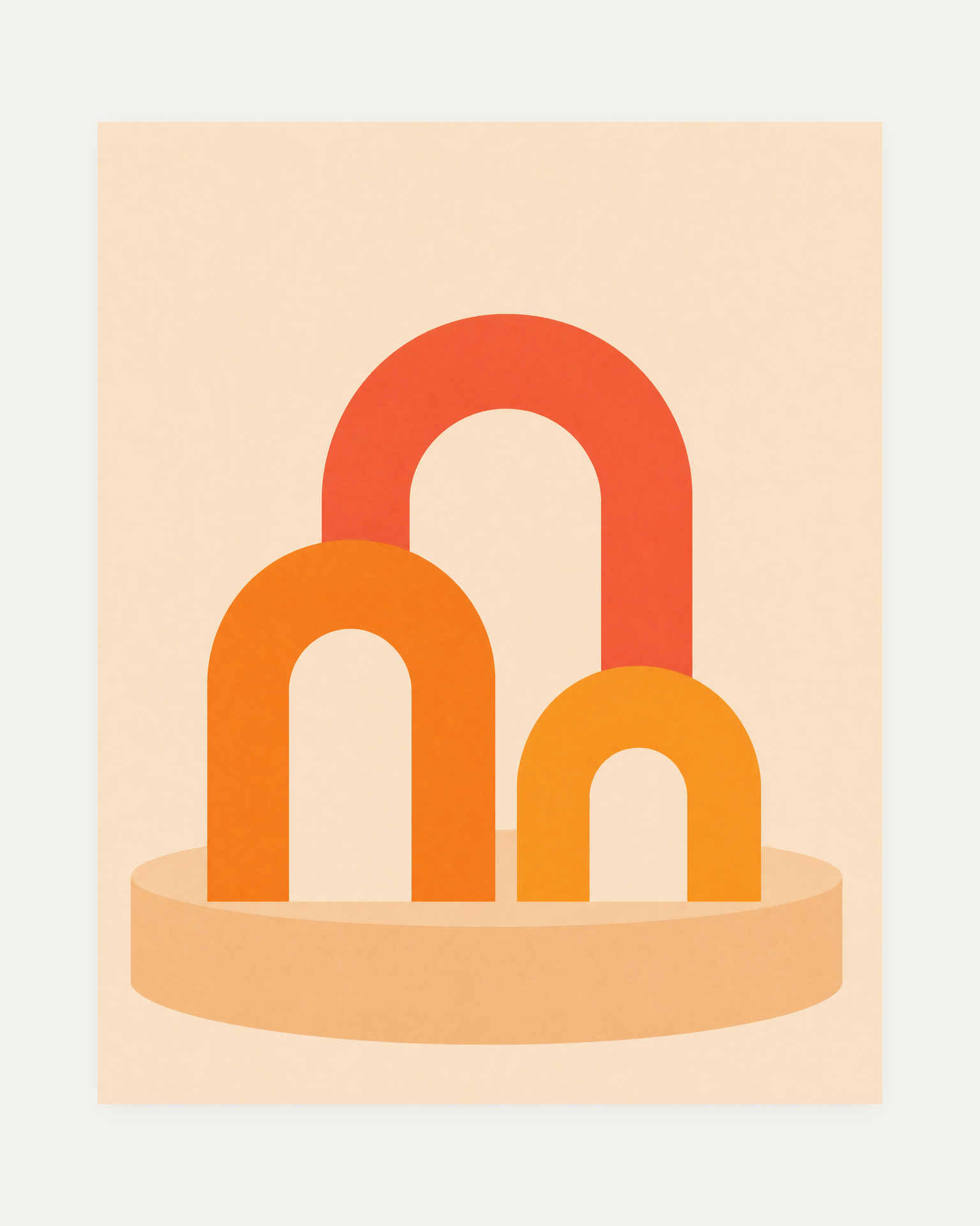 Three Warm Arches One Pedestal unframed coral arch wall art print showing three warm arches on a low tan pedestal