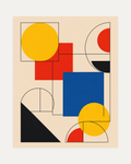Primary Stack, primary shape grid wall art, yellow circles, cobalt square, red blocks on beige ground