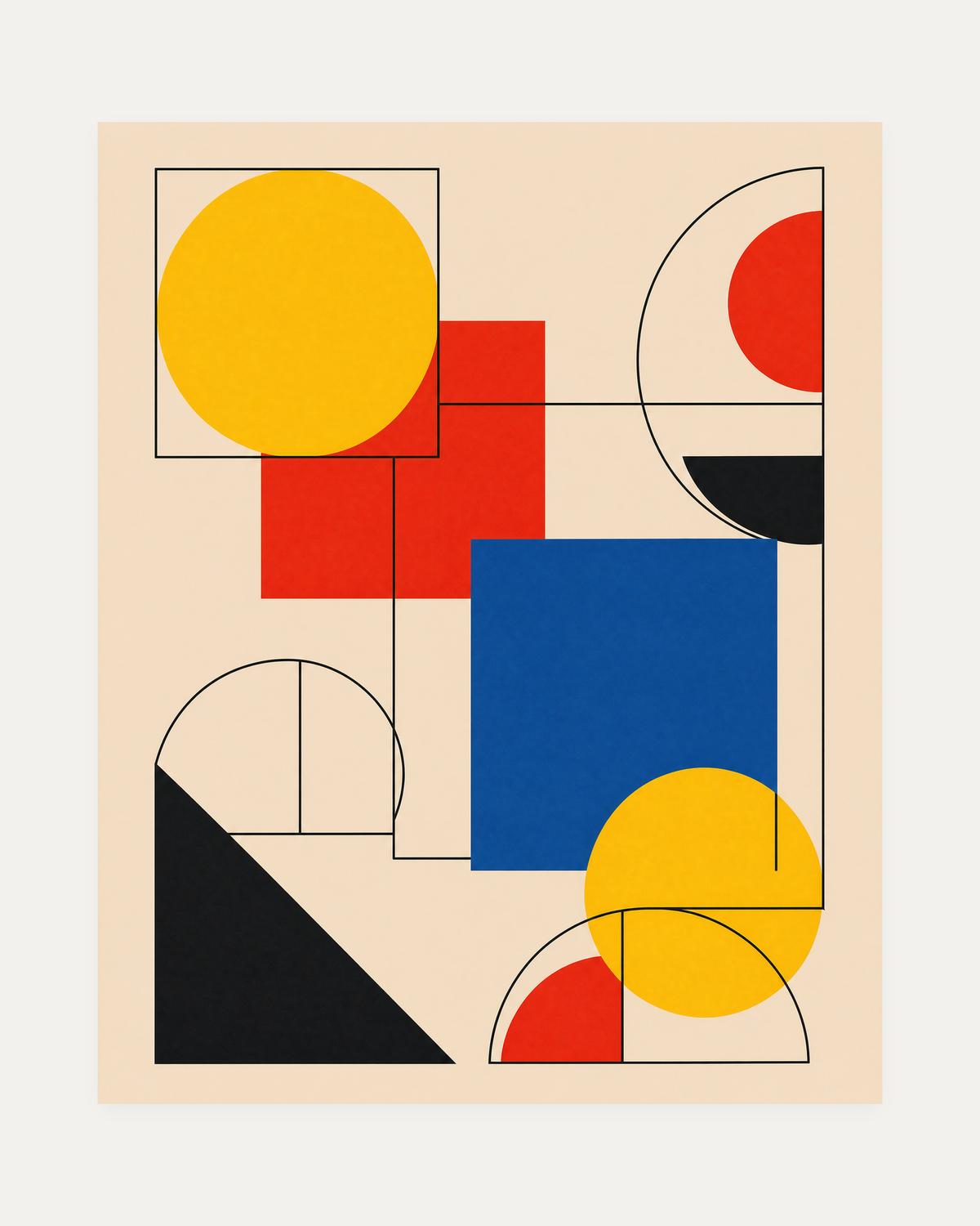 Primary Stack, primary shape grid wall art, yellow circles, cobalt square, red blocks on beige ground