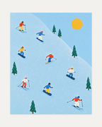 First Run unframed ski snowboard print showing skiers and snowboarders on a blue slope