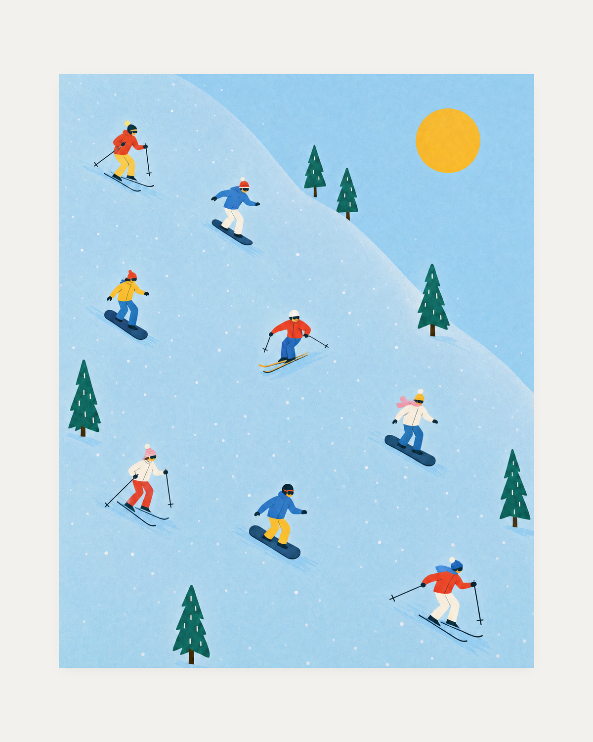 First Run unframed ski snowboard print showing skiers and snowboarders on a blue slope