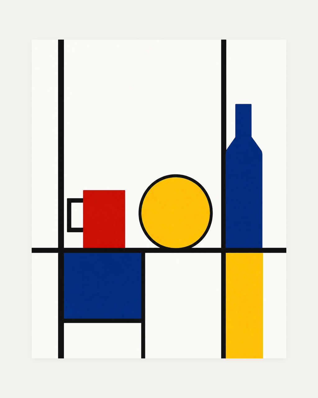Primary Still Life Grid Remap unframed abstract still life wall art print showing red cup, yellow plate, and blue bottle in a black grid