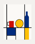 Primary Still Life Grid Remap unframed abstract still life wall art print showing red cup, yellow plate, and blue bottle in a black grid