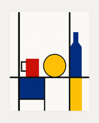 Primary Still Life Grid Remap unframed abstract still life wall art print showing red cup, yellow plate, and blue bottle in a black grid