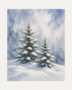 Spruce Tracks unframed snow spruce print showing two snowy spruces on a drift