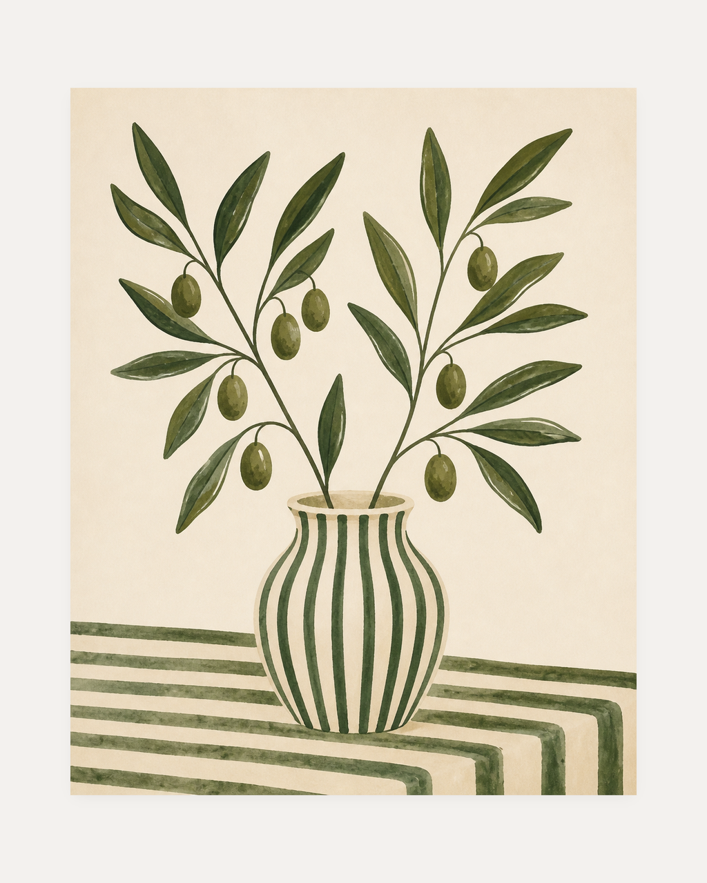 Olive Keeper unframed olive branch print showing olive branches with fruit on cream