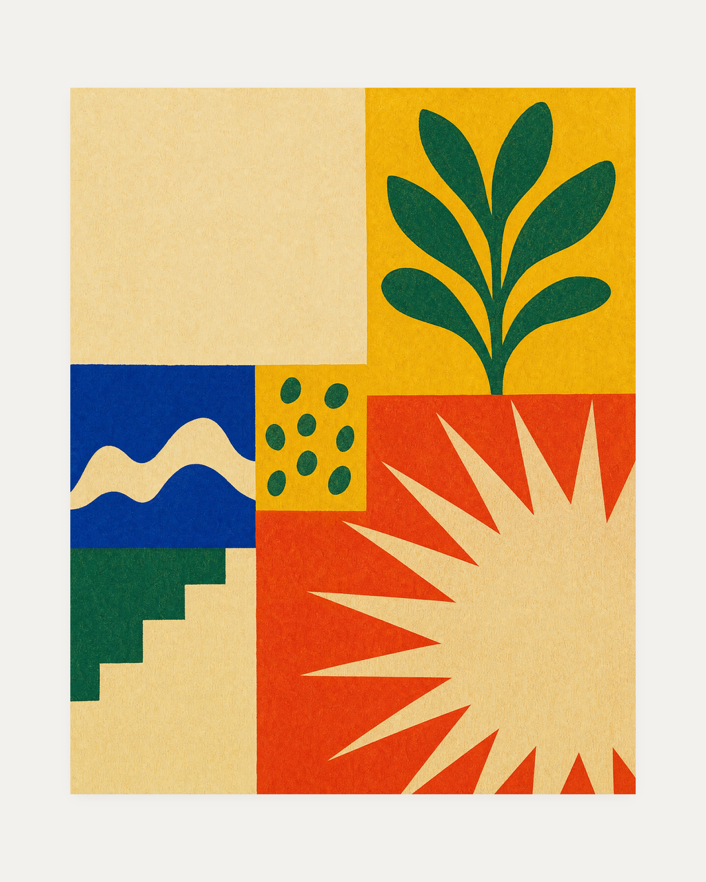 Sun Tile Garden unframed mid century sun wall art print showing cream sunburst, green plant, and blue wave tile on cream