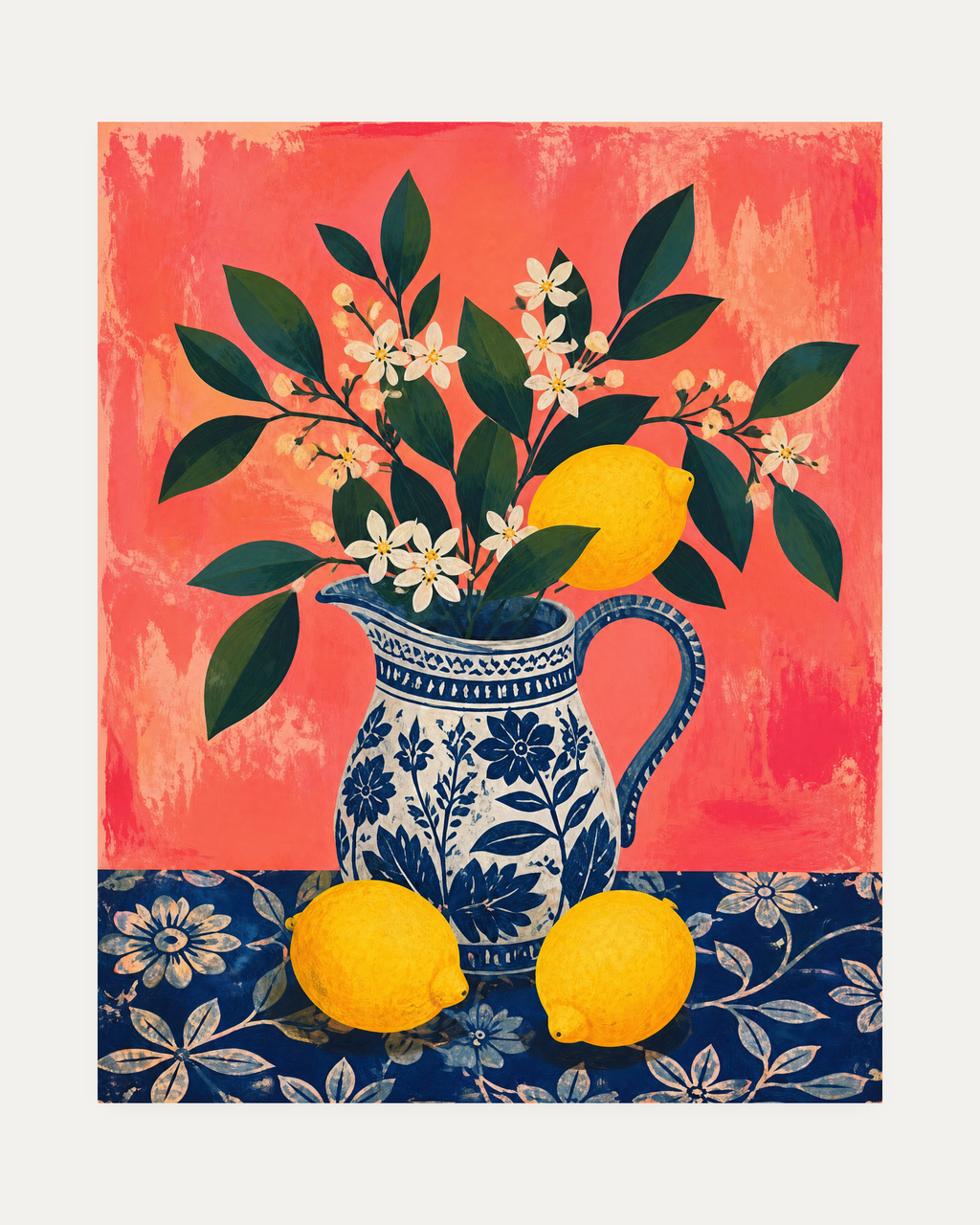Lemon Pitcher lemon pitcher wall art, blue-and-white jug with yellow lemons, green leaves, and coral ground