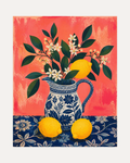 Lemon Pitcher lemon pitcher wall art, blue-and-white jug with yellow lemons, green leaves, and coral ground