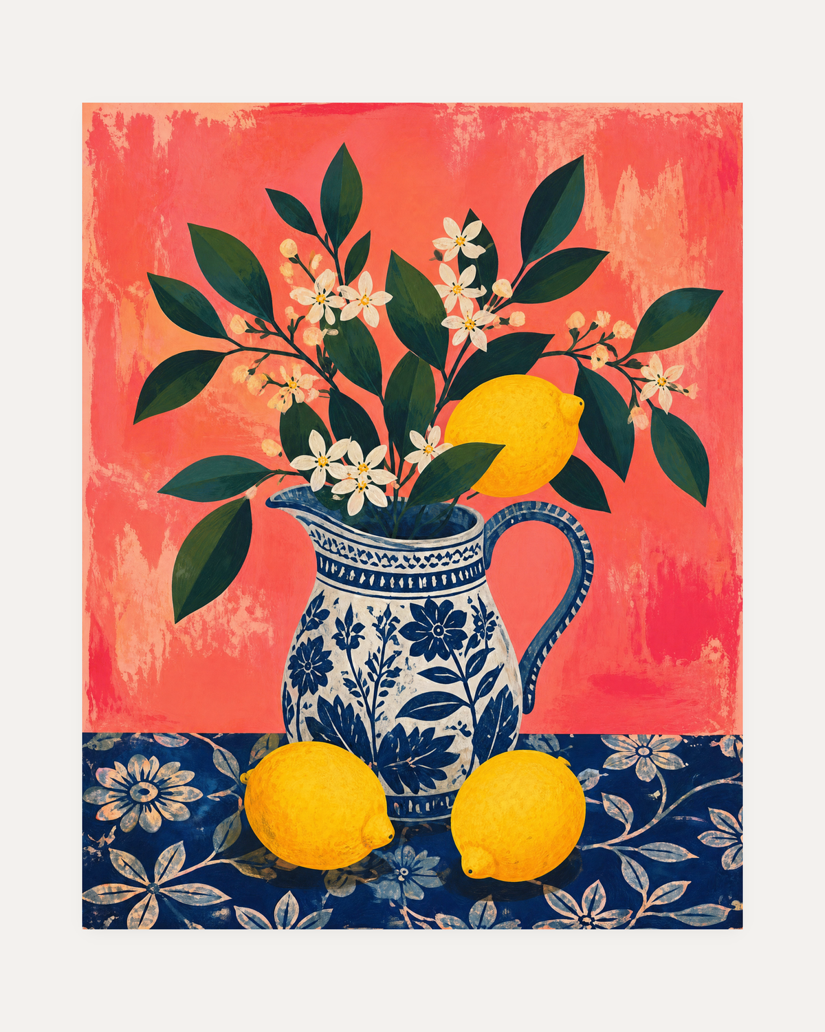 Lemon Pitcher lemon pitcher wall art, blue-and-white jug with yellow lemons, green leaves, and coral ground