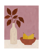 Pitcher and Lemon Studio edition unframed matte paper print showing a changed tabletop arrangement with a tall bottle, low bowl, and yellow fruit against dusty rose, cream, and dark leaves