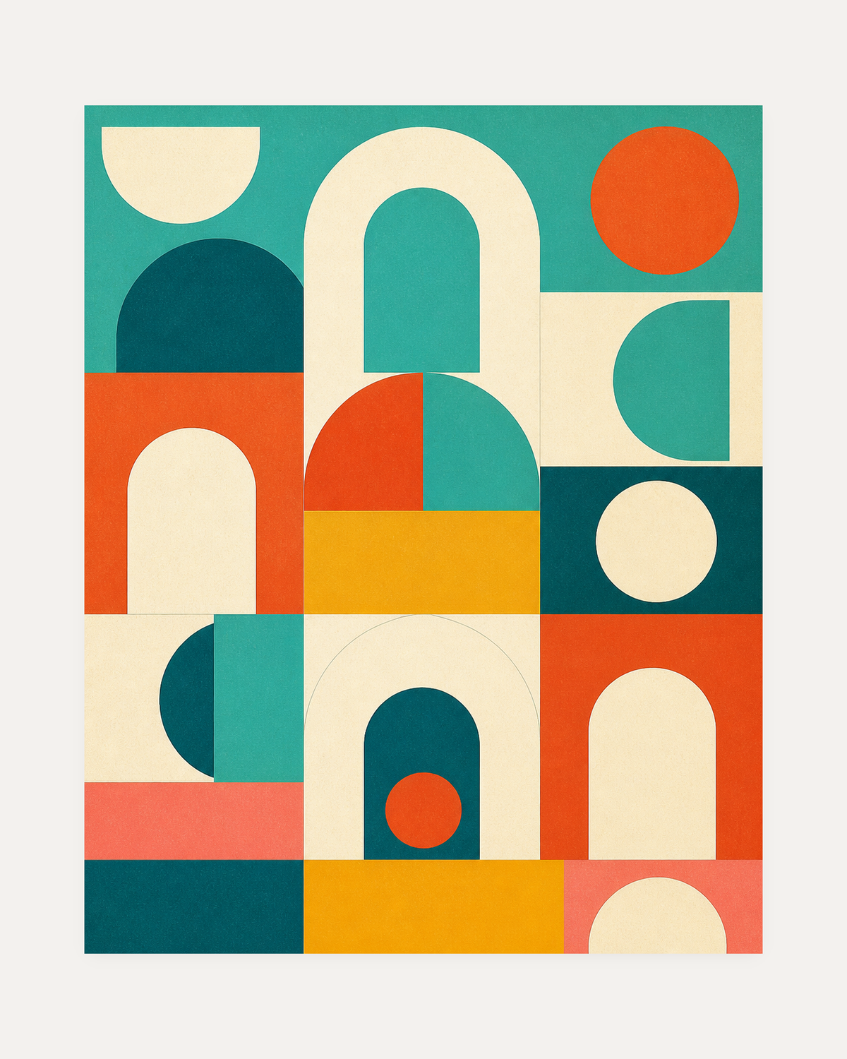 Arch Hour unframed blue geometric wall art print showing teal arches and coral disks in a flat grid