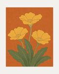 Morning Blooms unframed yellow flower wall art print showing three yellow blooms on an orange ground
