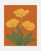 Morning Blooms unframed yellow flower wall art print showing three yellow blooms on an orange ground
