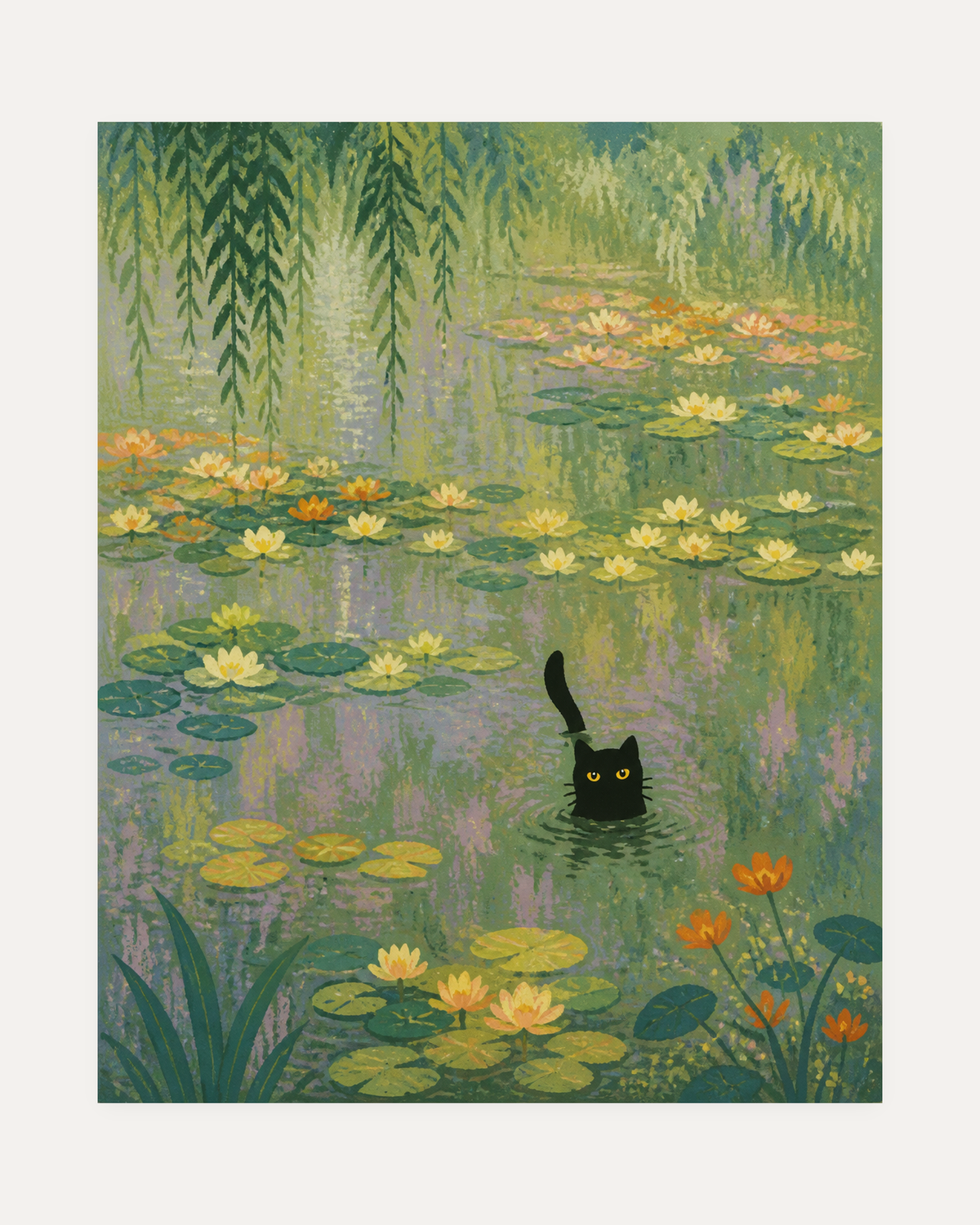 Pond Cat black cat art print, black cat in a pond with water lilies, green lily pads, willow branches