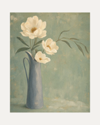 Ivory Pitcher Blooms unframed flower arrangement print showing flowers, leaves, and vase in white, green, and gray