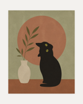 Vase Cat unframed black cat posters print showing a black cat with green eyes beside a cream vase