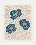 Peony Lattice, indigo peony wall art, three blue peony flowers, gray stems and leaves, cream ground