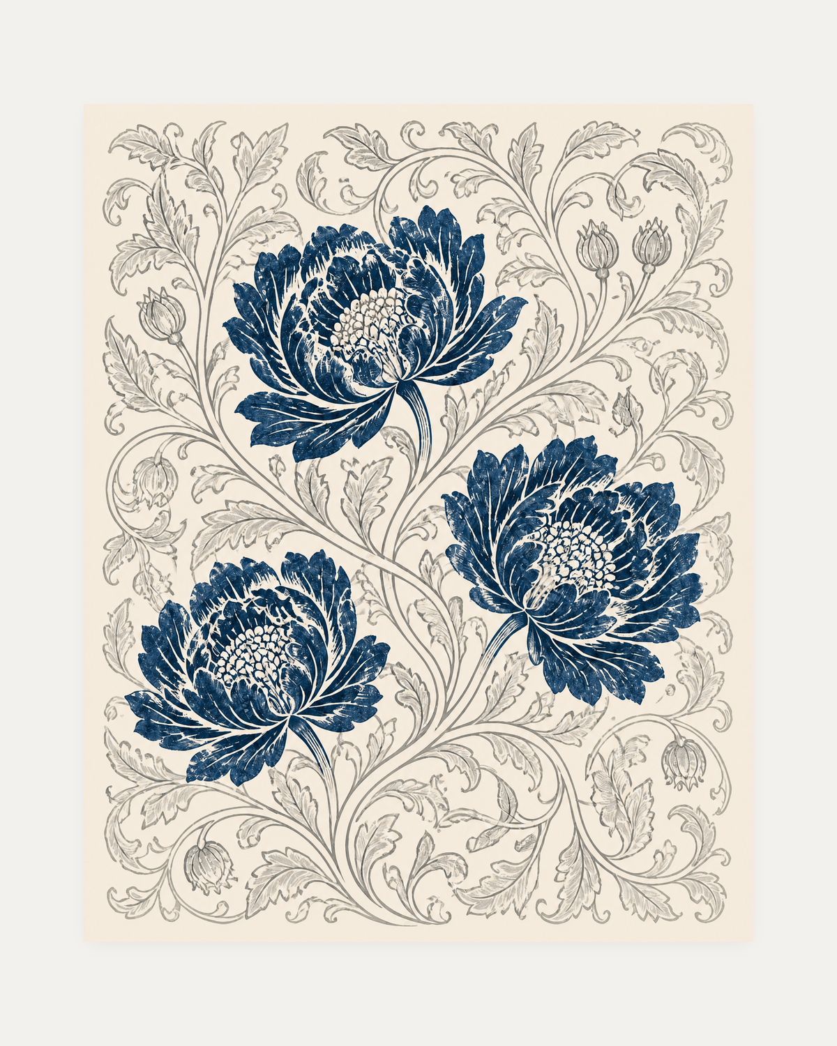 Peony Lattice, indigo peony wall art, three blue peony flowers, gray stems and leaves, cream ground