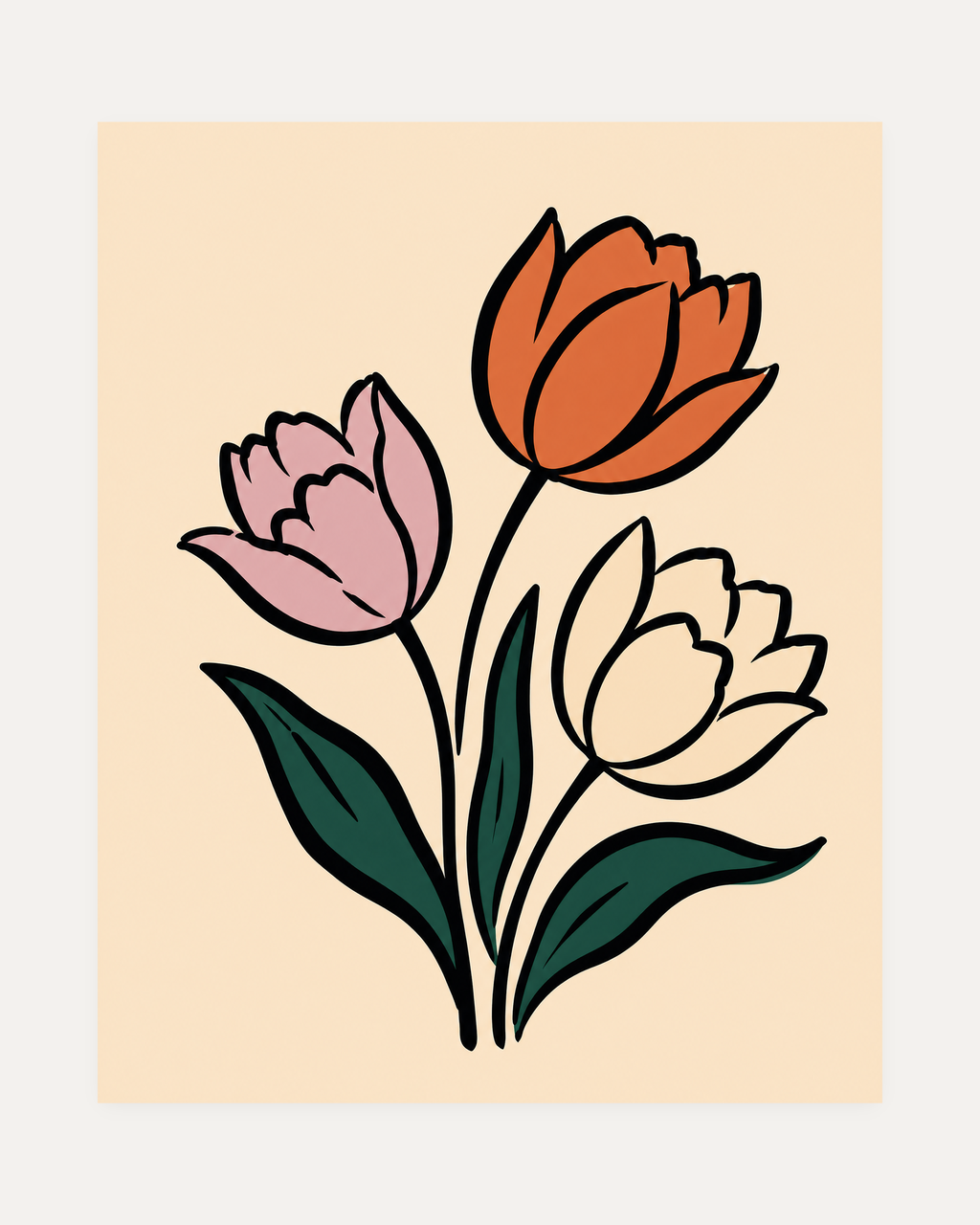 Three Tulips On Cream unframed vintage flower wall art print showing three rust pink and cream tulips with dark green leaves on cream