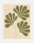 Leaf Crown, sage leaf fan wall art with three sage green fan leaves, slender ivory stem, and cream background