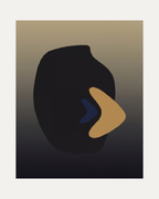 Dark Vessel unframed black mid century wall art print showing charcoal vessel with mustard and navy accents
