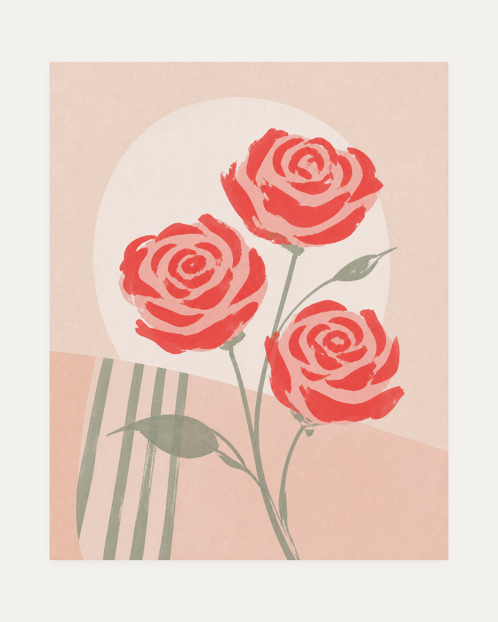 Rose Count coral rose wall art with three coral rose heads, sage stems, white disc, and striped panel