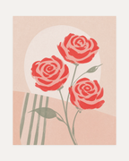 Rose Count coral rose wall art with three coral rose heads, sage stems, white disc, and striped panel