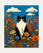 Meadow Cat unframed cat prints print showing a tuxedo cat in flowers