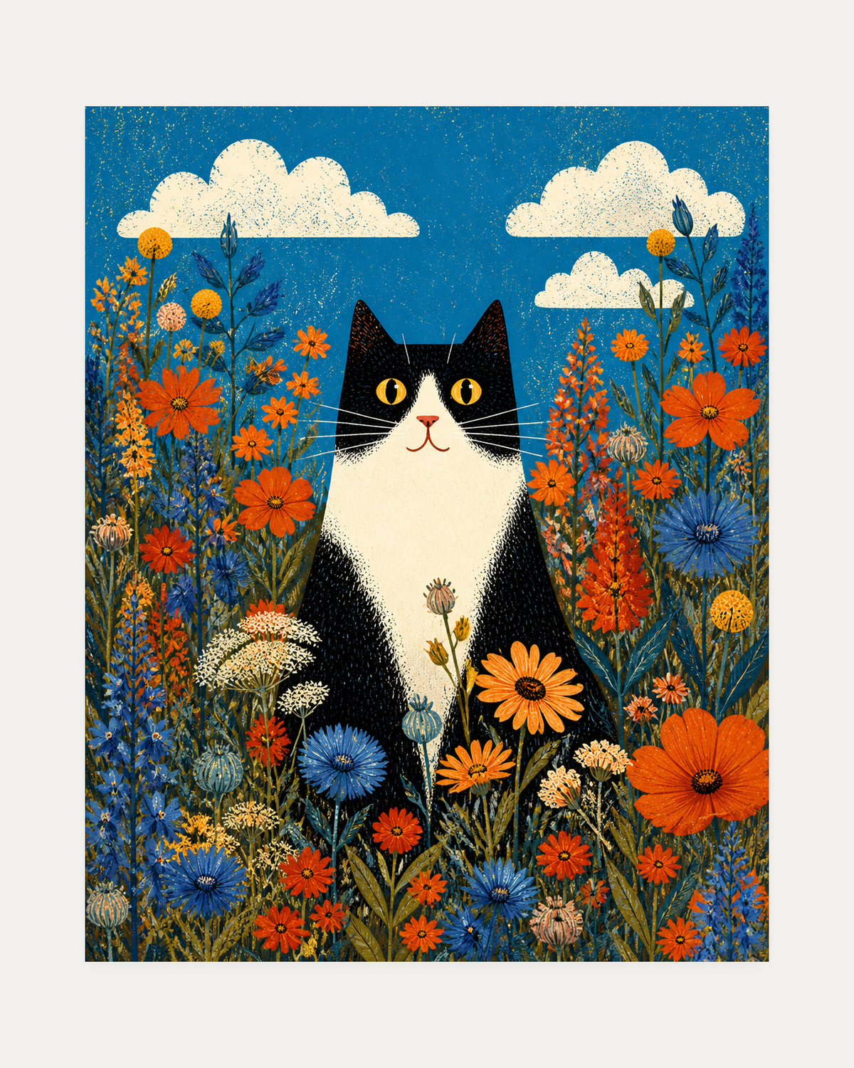 Meadow Cat unframed cat prints print showing a tuxedo cat in flowers