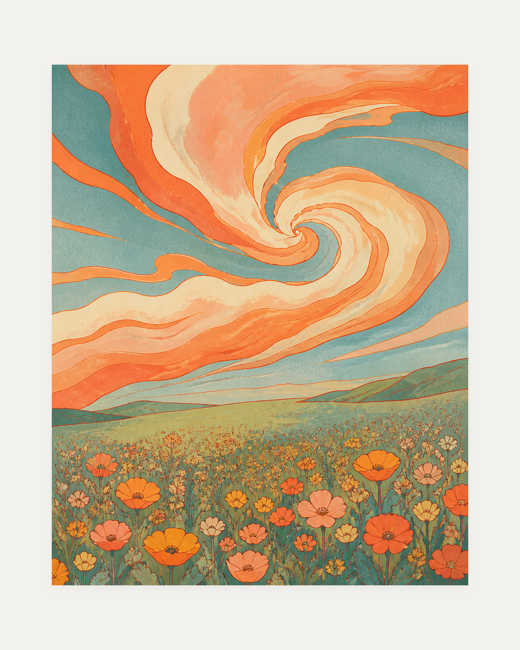 Poppy Weather unframed swirl poppy print showing poppies under an orange and teal sky