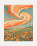 Poppy Weather unframed swirl poppy print showing poppies under an orange and teal sky