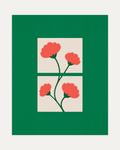 Bloom Windows, coral bloom green wall art, four scalloped flowers, cream square windows, split stem and leaves