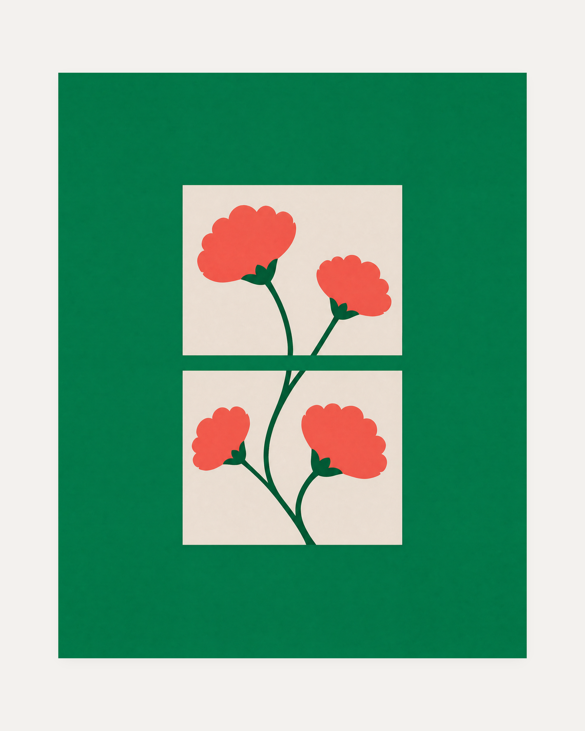 Bloom Windows, coral bloom green wall art, four scalloped flowers, cream square windows, split stem and leaves