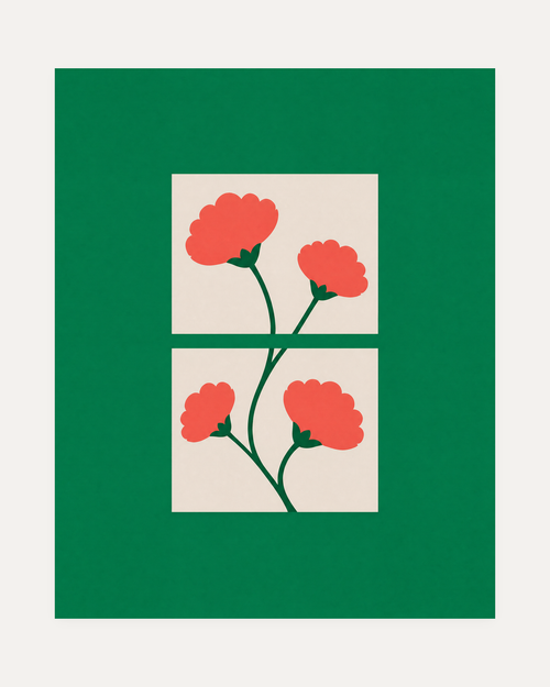 Bloom Windows, coral bloom green wall art, four scalloped flowers, cream square windows, split stem and leaves