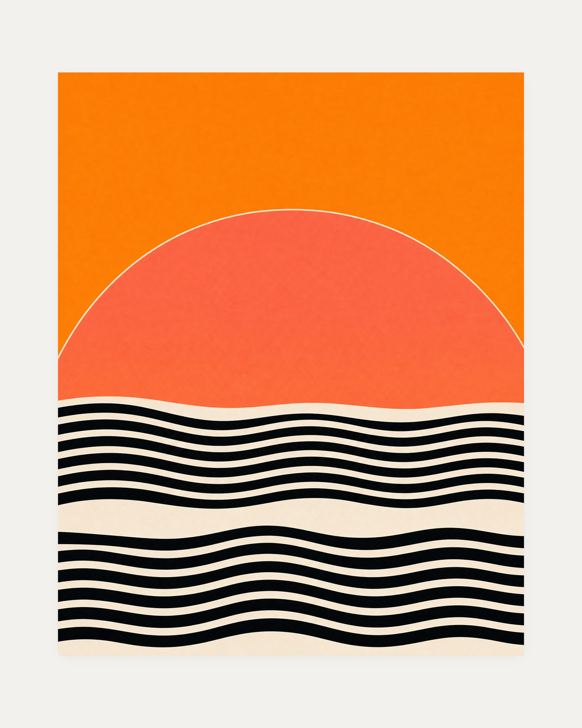 Low Sun, orange sun ripple wall art, round orange disc, coral center band, stacked black ripples