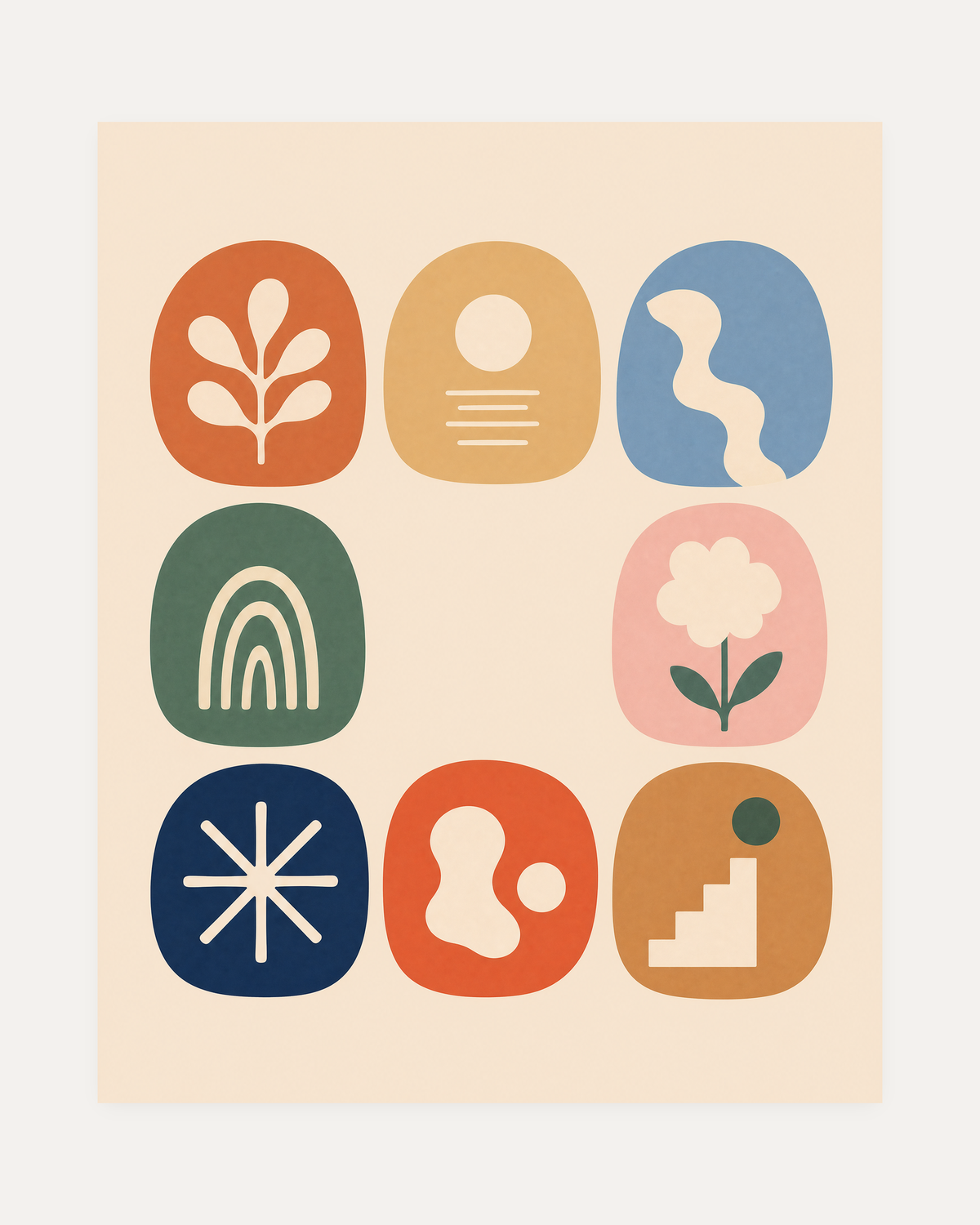 Skipped Tile color tile wall art, rounded multicolor grid with cream icons, open center space, orange and navy panels