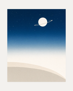 Night Horizon unframed navy blue night sky wall art print showing navy ombre sky over beige dunes with a ringed planet