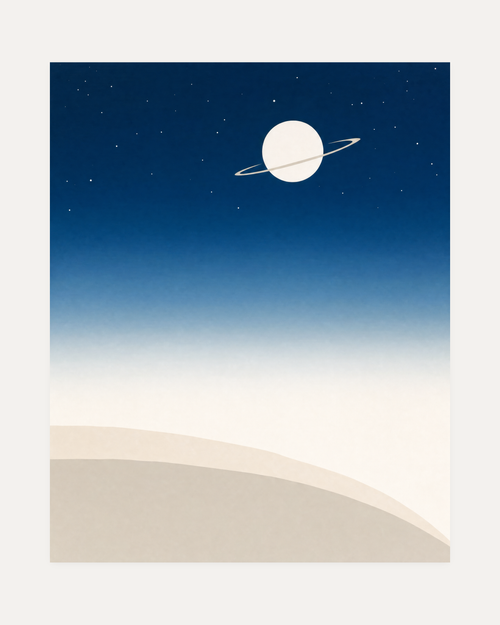 Night Horizon unframed navy blue night sky wall art print showing navy ombre sky over beige dunes with a ringed planet