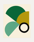 Module Study half disc module wall art, three green half-discs, mustard accents, black ring
