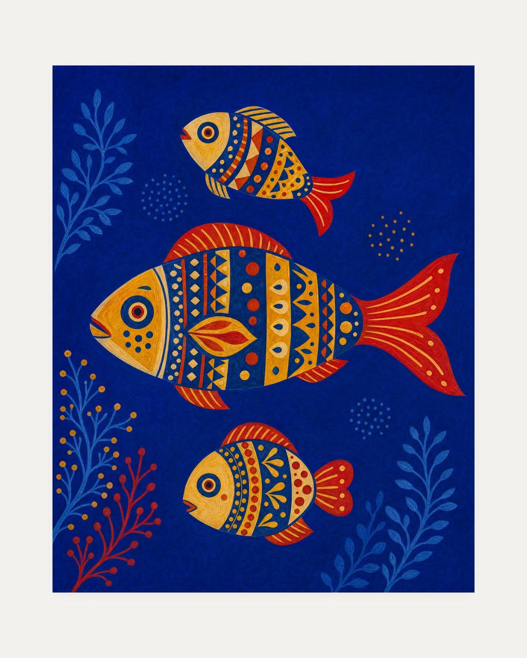Three Folk Fish unframed folk fish art print showing three patterned folk fish on royal blue